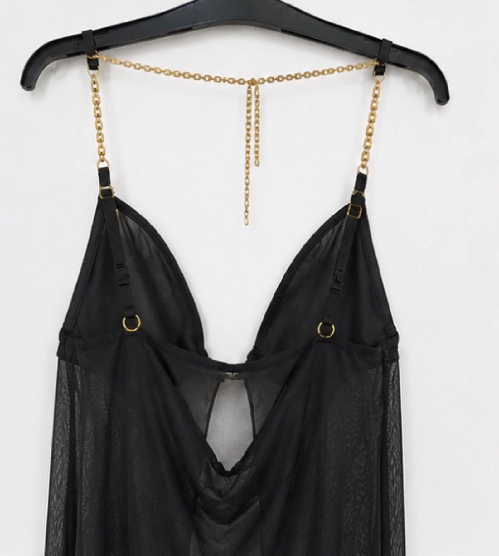 Deshabillé preto em voile transparente com bojos rígidos e correntes douradas tamanho 38 elegante – photo 4